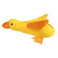 Yellow plush teddy bear dog toy with an attached duck doll, featuring a squeaker and treat compartment.