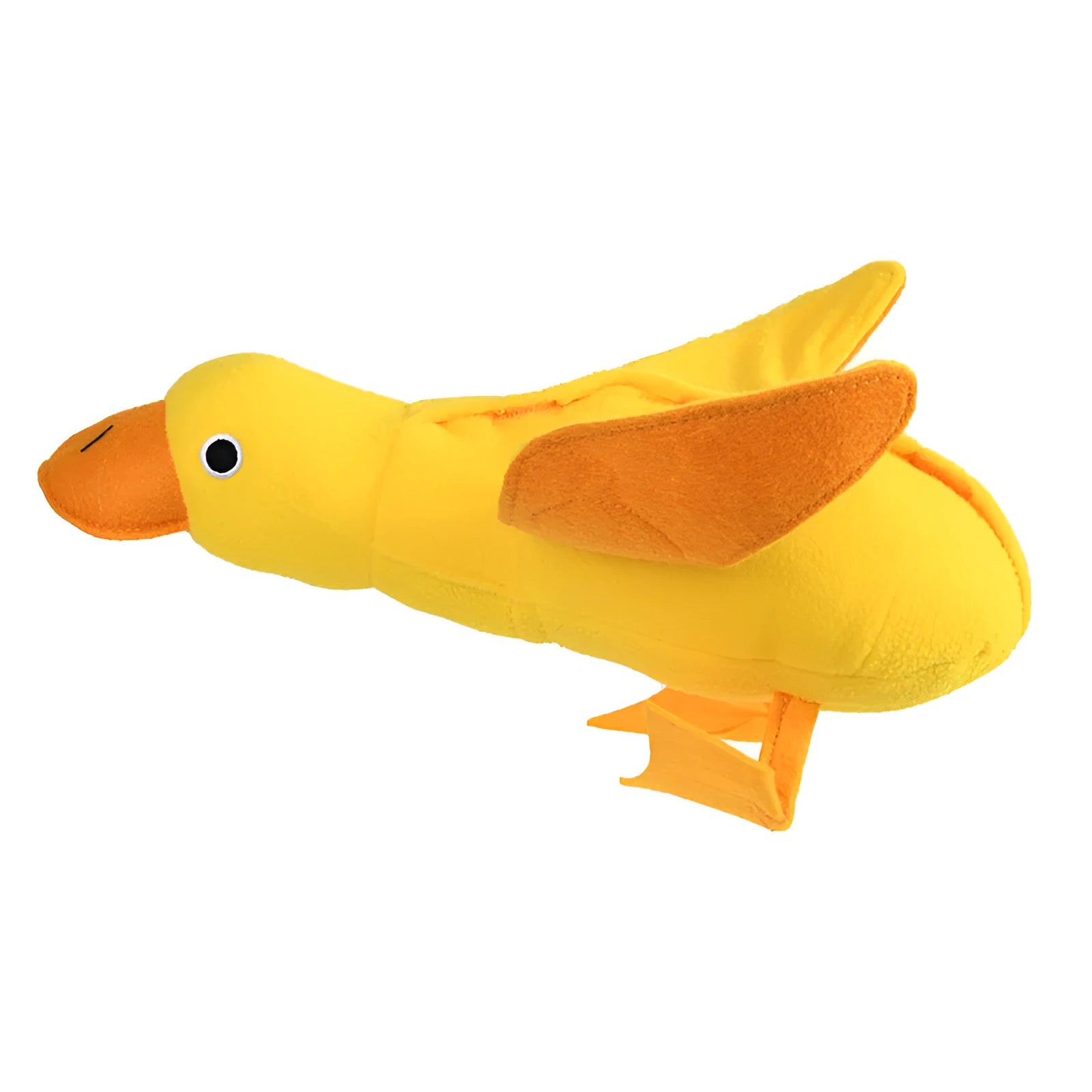 Yellow plush teddy bear dog toy with an attached duck doll, featuring a squeaker and treat compartment.