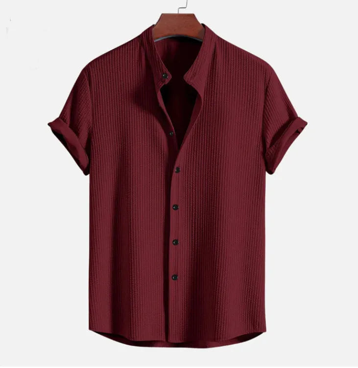 Men's loose short sleeve polyester summer shirt in navy blue.