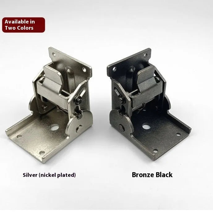 Furniture foot folding hinge in nickel silver finish showing 0-90 degree angle range.