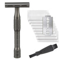 Old style manual double-sided alloy safety razor with replacement blades on a plain background.