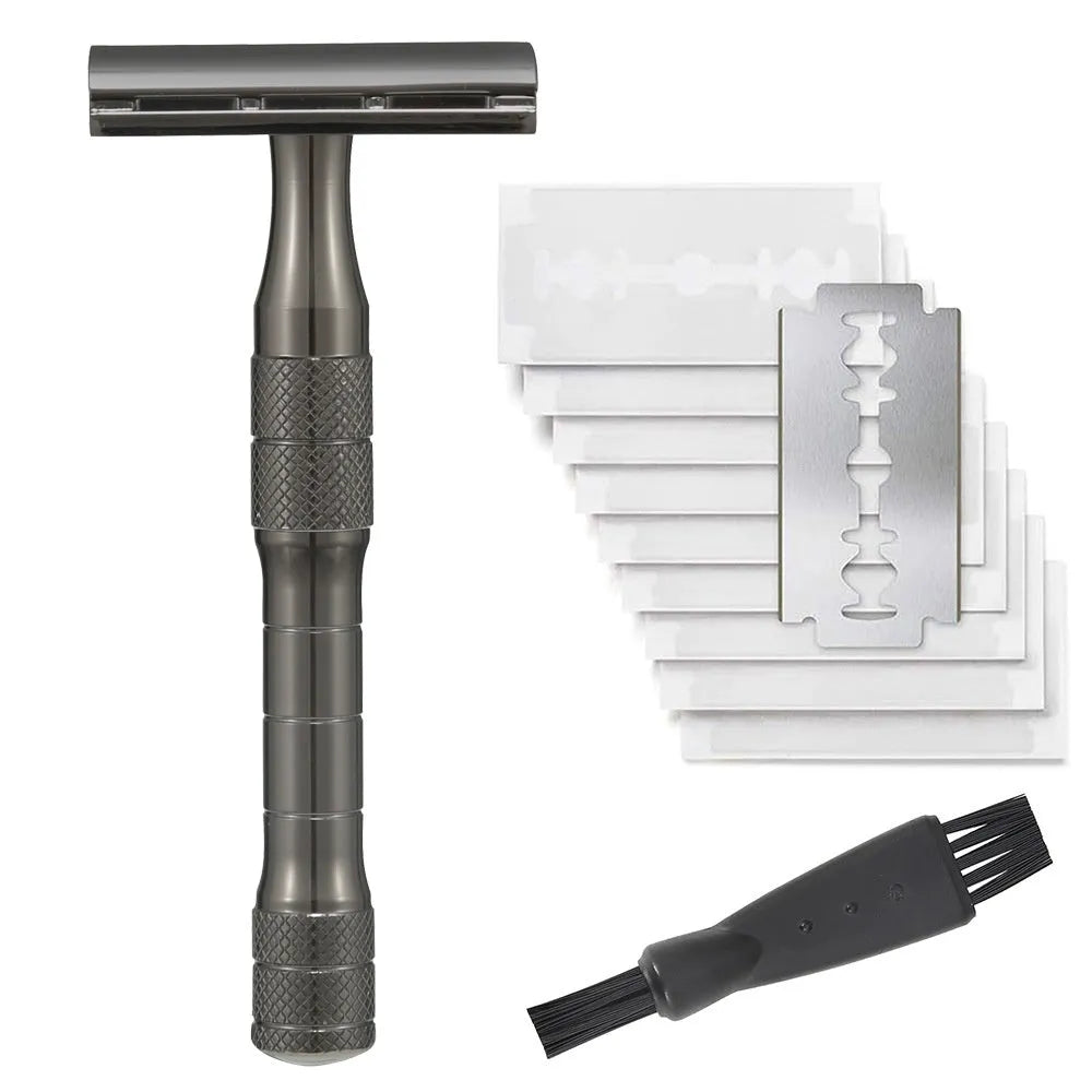 Old style manual double-sided alloy safety razor with replacement blades on a plain background.