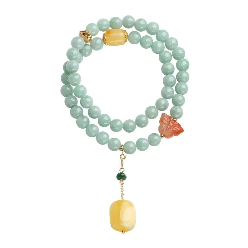 Double-layer women's bracelet with jade round beads and hanging beeswax barrel beads in retro geometry design
