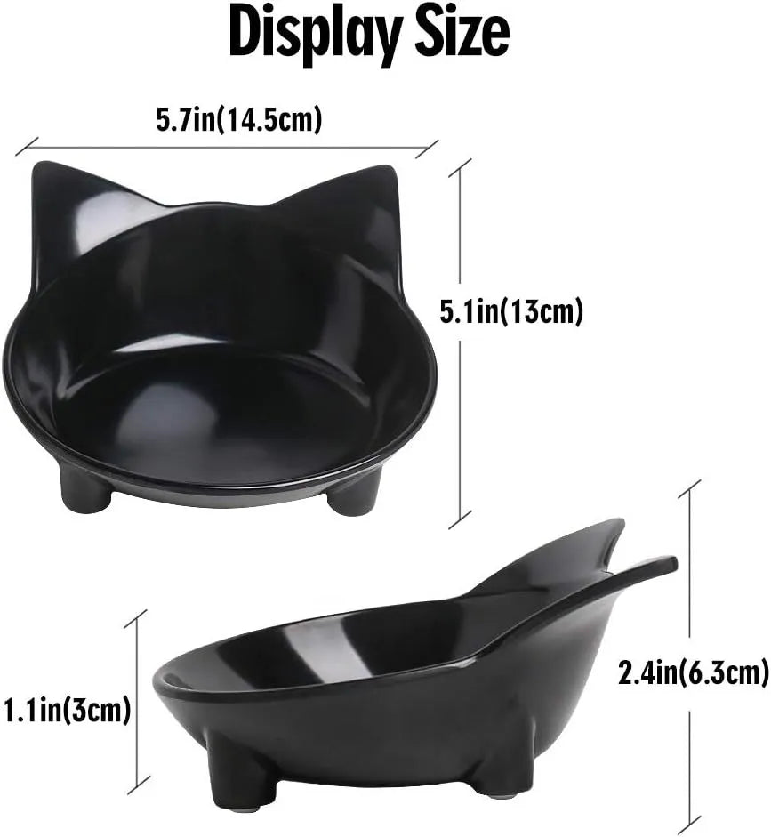Shallow black cat food bowl with non-slip rubber base for whisker fatigue relief