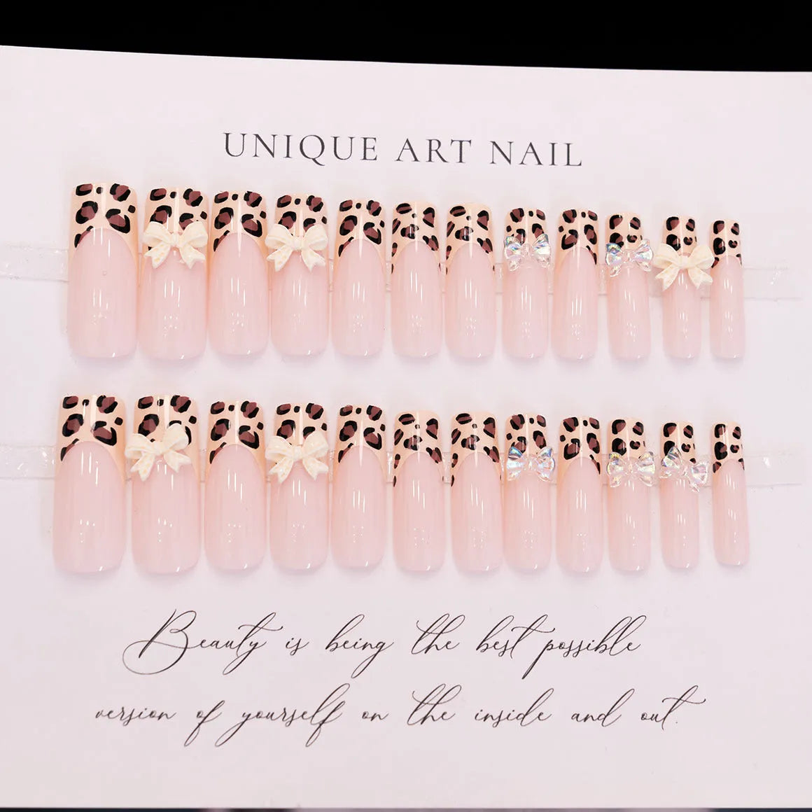 Leopard print false nails with butterfly designs in WM296 colour for women's manicure