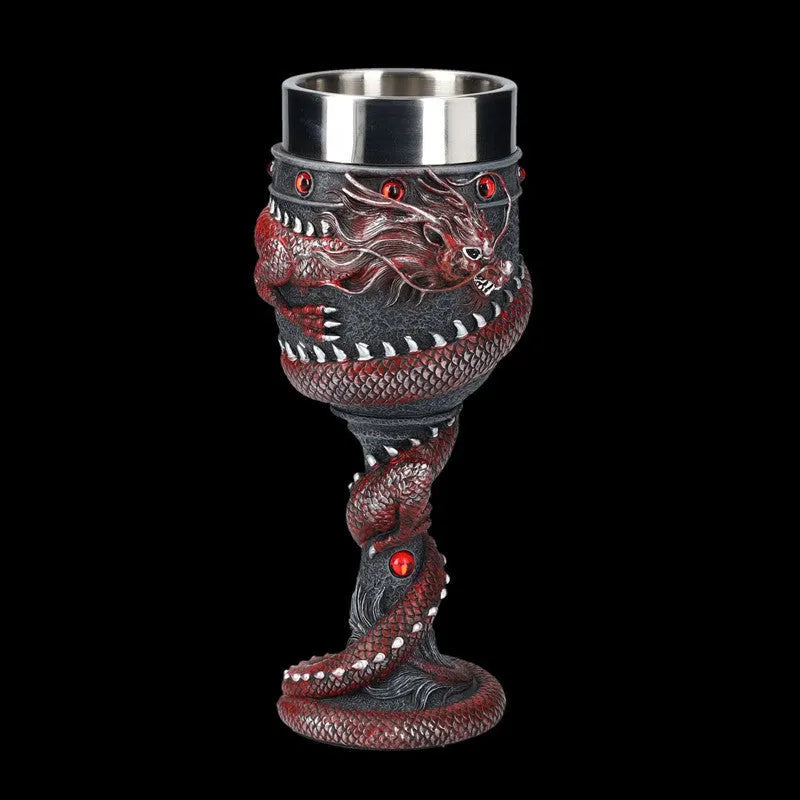 Red wine glass with 3D dragon decoration on stainless steel stem in gold colour