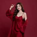 Red long sleeve men's and women's polyester sleepwear suit set for wedding dowry or home use.