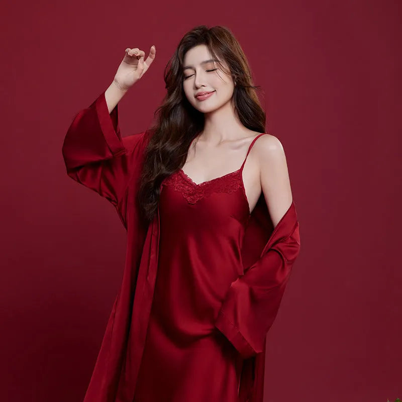 Red long sleeve men's and women's polyester sleepwear suit set for wedding dowry or home use.