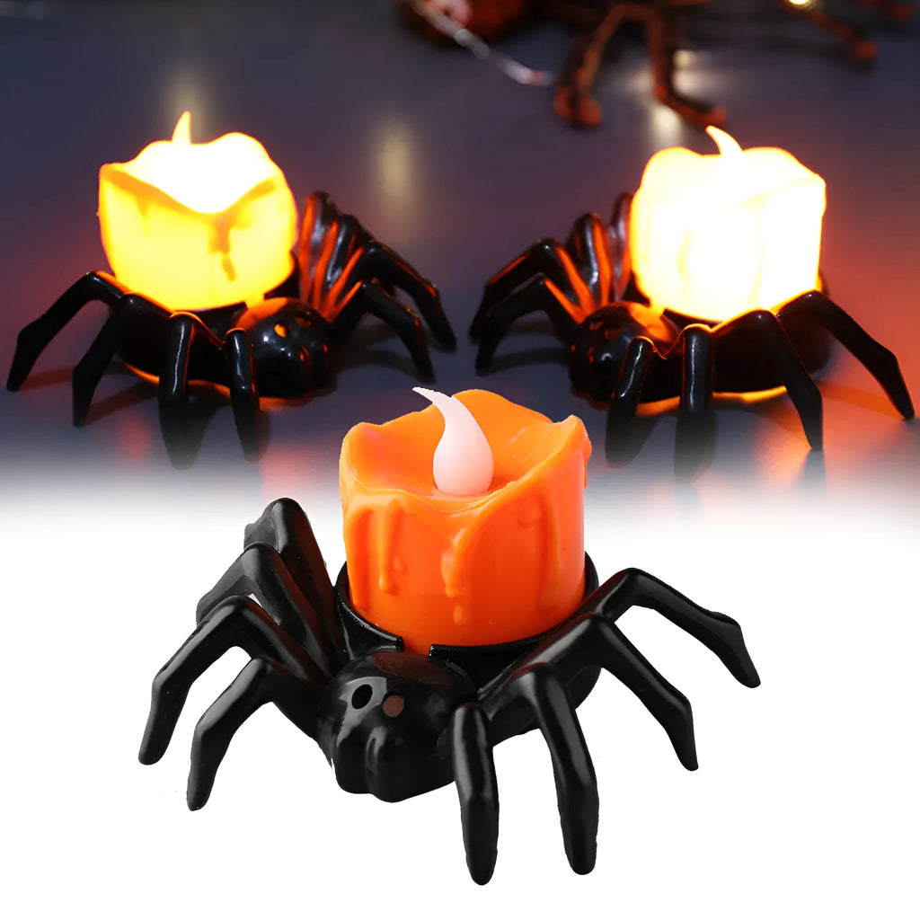 Halloween spider candlestick plastic ornament with battery-powered candle light