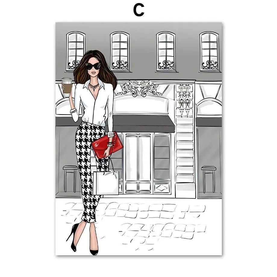 Modern cartoon canvas wall art print featuring a fashion bag girl with balloons and champagne.