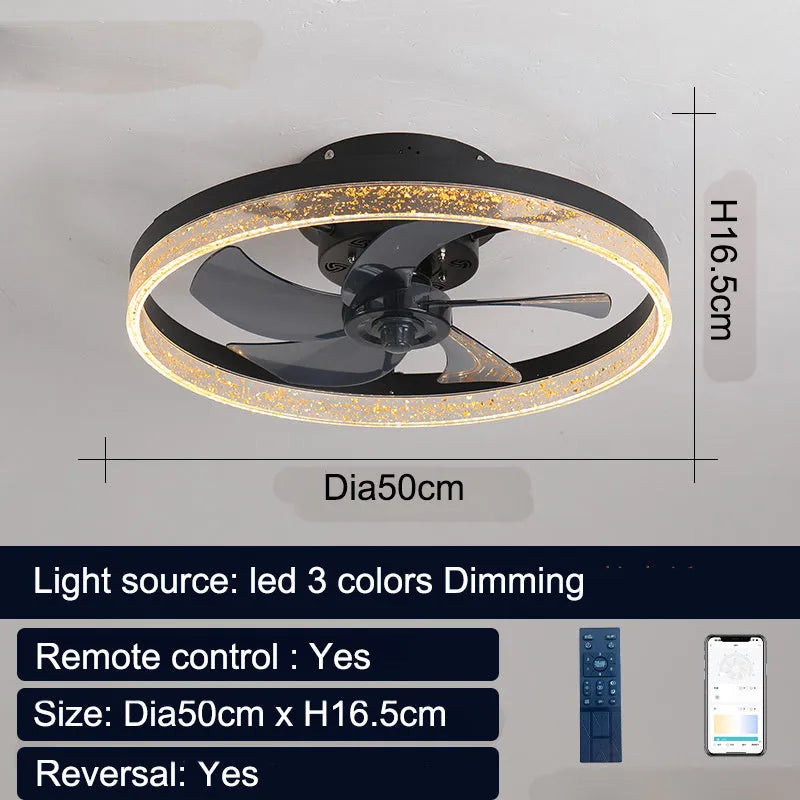 Nordic-style remote control ceiling fan lamp with light, 50cm diameter, in black finish