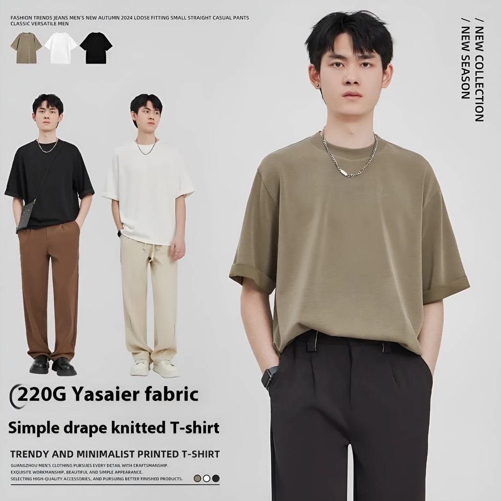 Men's loose drape knit casual T-shirt in solid colours brown, white, and black.