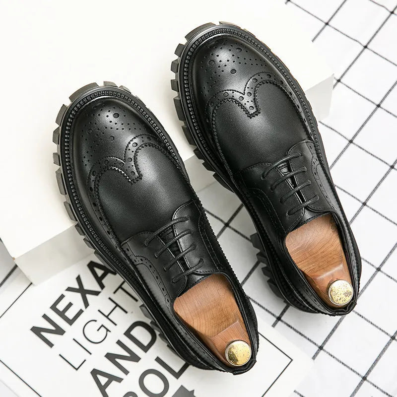 Men's black and brown round toe brogue shoes made from artificial PU leather for business wear.