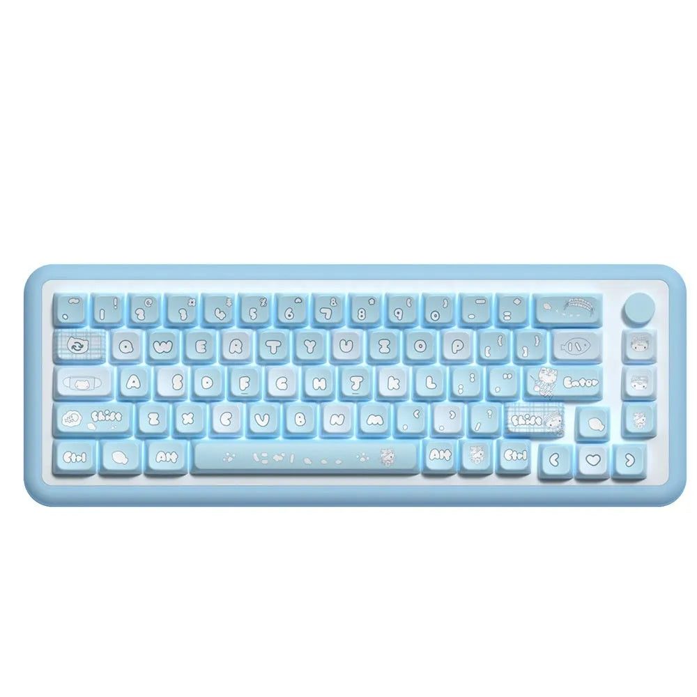 Watercolour kitten design custom keycaps for mechanical keyboards, PTB material, 138-key and 158-key set options.