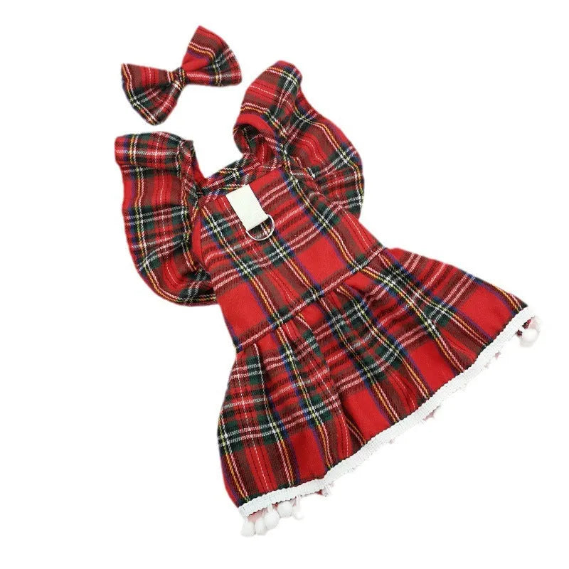 Red tartan Christmas skirt for pets with matching head flower accessory in size options from XS to XL