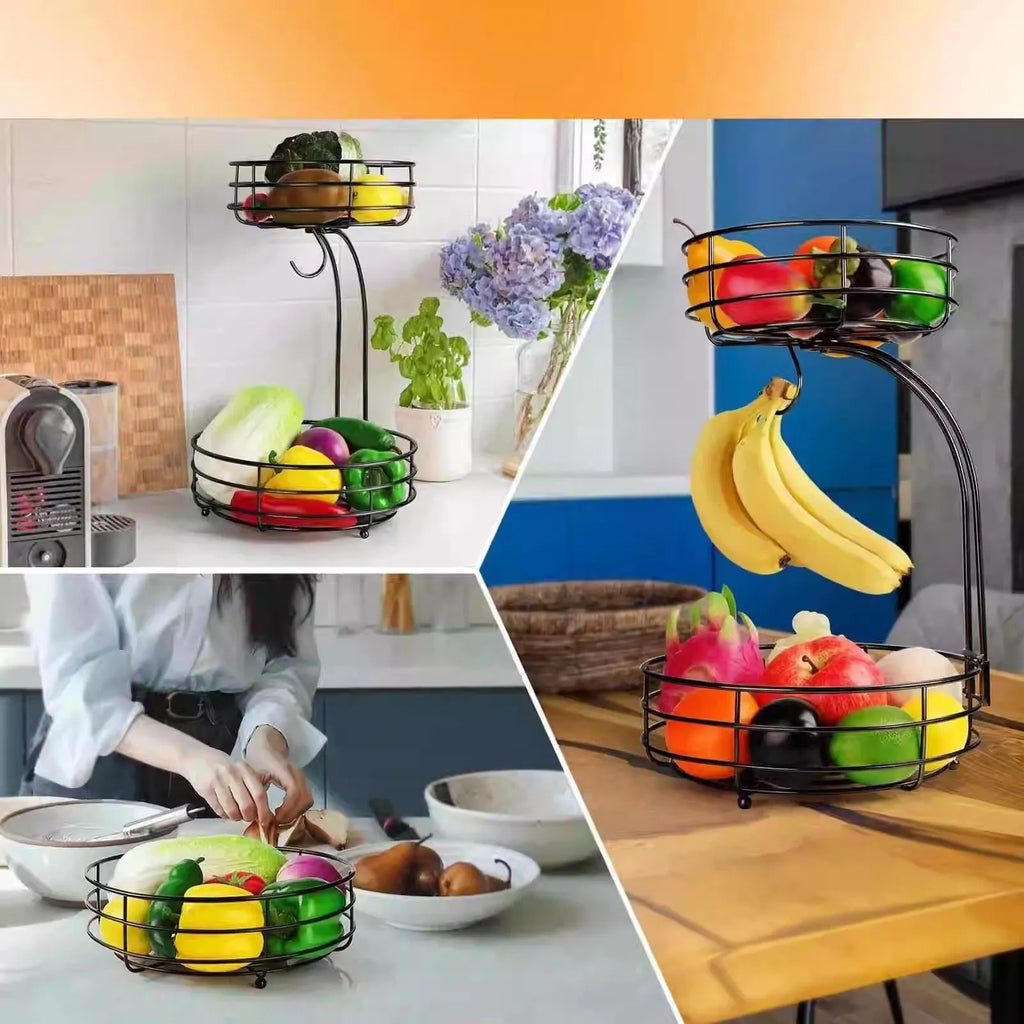 Black wrought iron double-layer fruit and vegetable storage basket with two tiers.