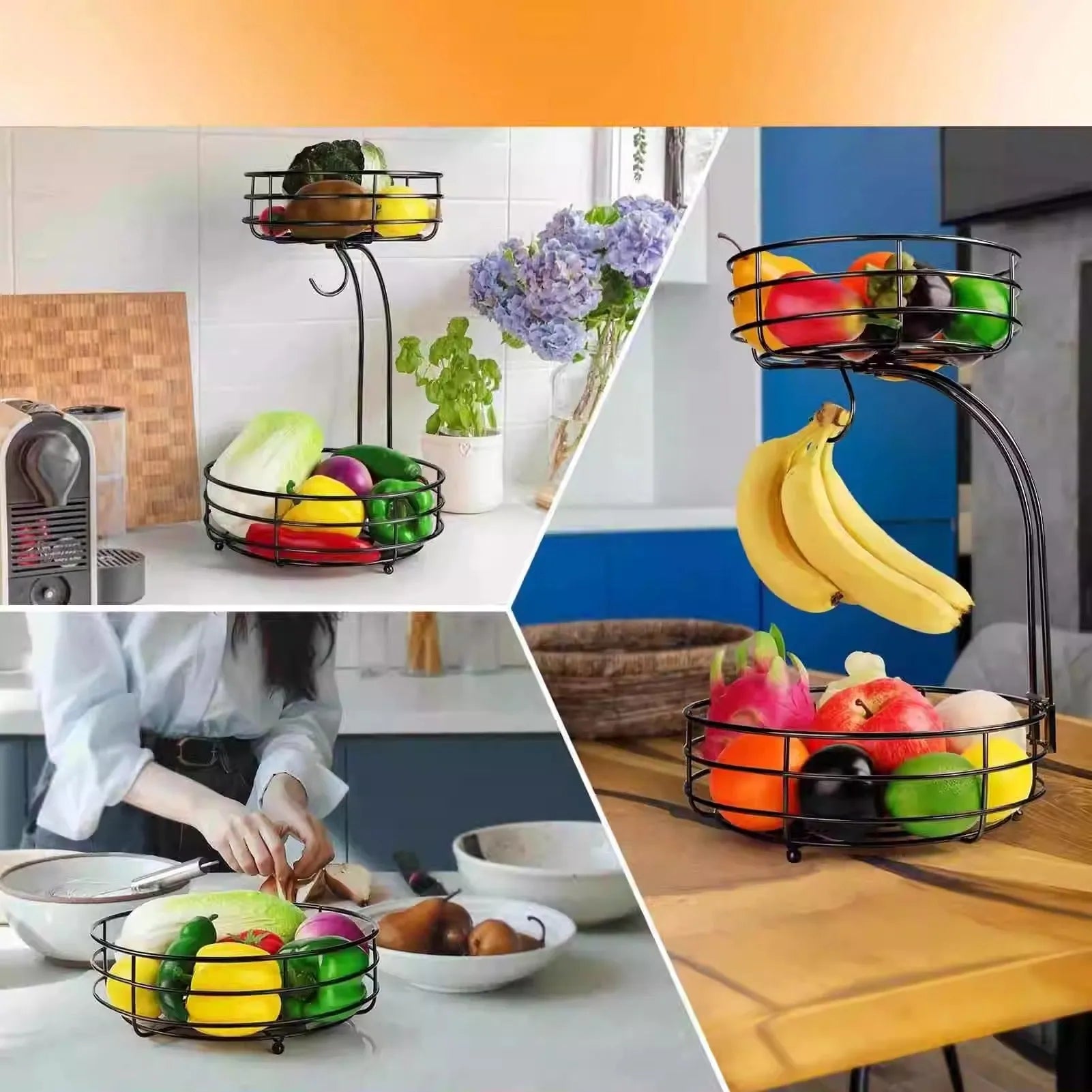 Black wrought iron double-layer fruit and vegetable storage basket with two tiers.