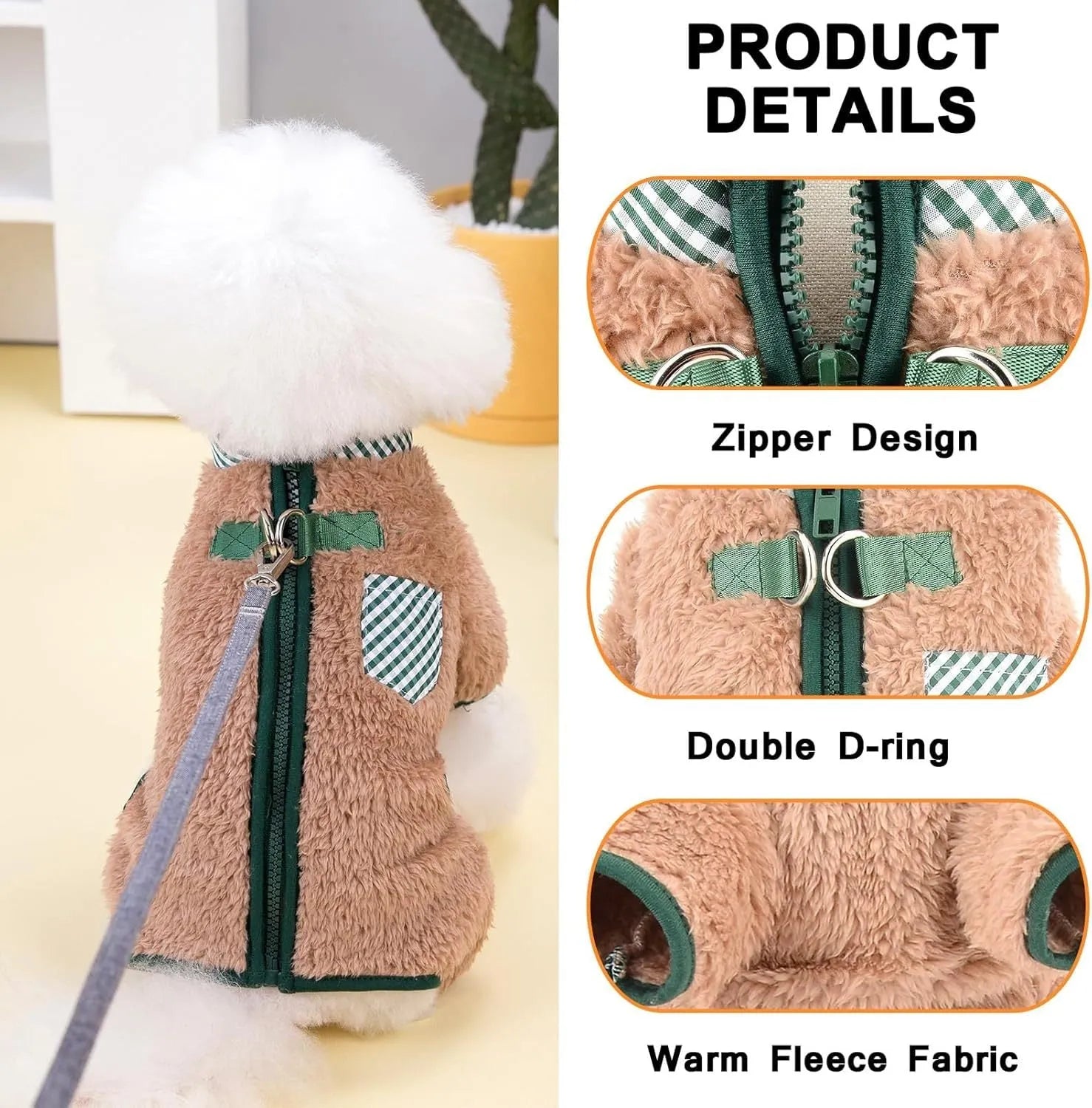 Green plush fleece dog coat with four-leg design and back zipper for small breed dogs