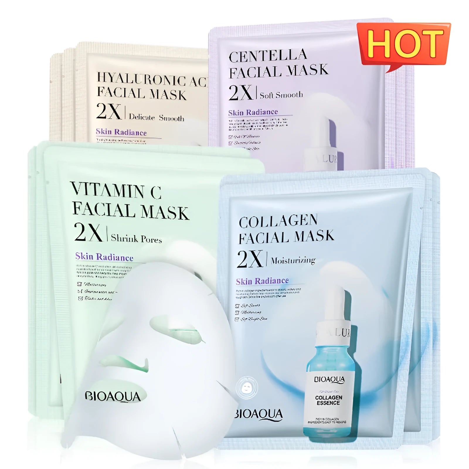 Single-use white gel facial sheet mask in a 30g sachet from a range including collagen and hyaluronic acid variants.