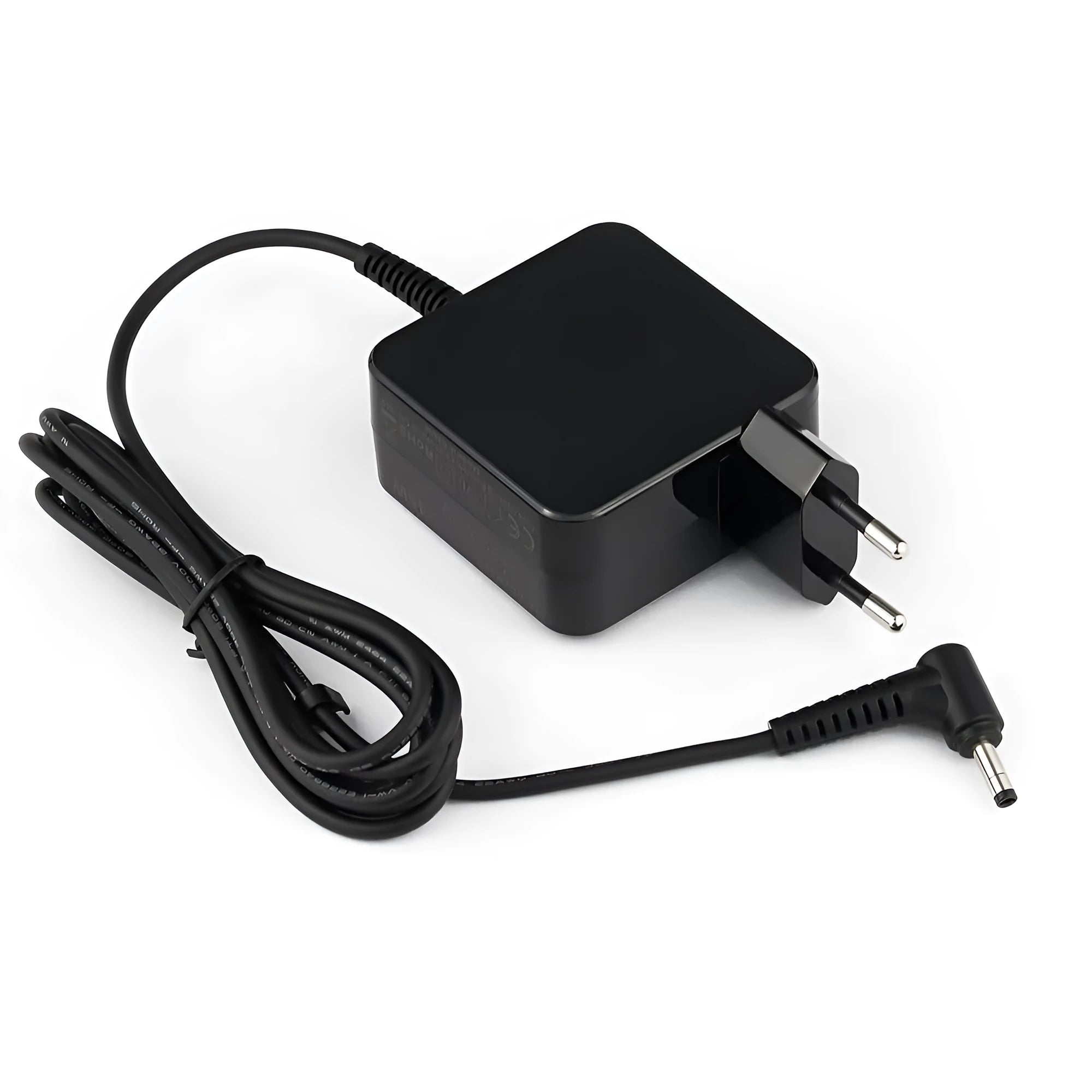Black 45W laptop power adapter with American plug and DC connector showing dimensions