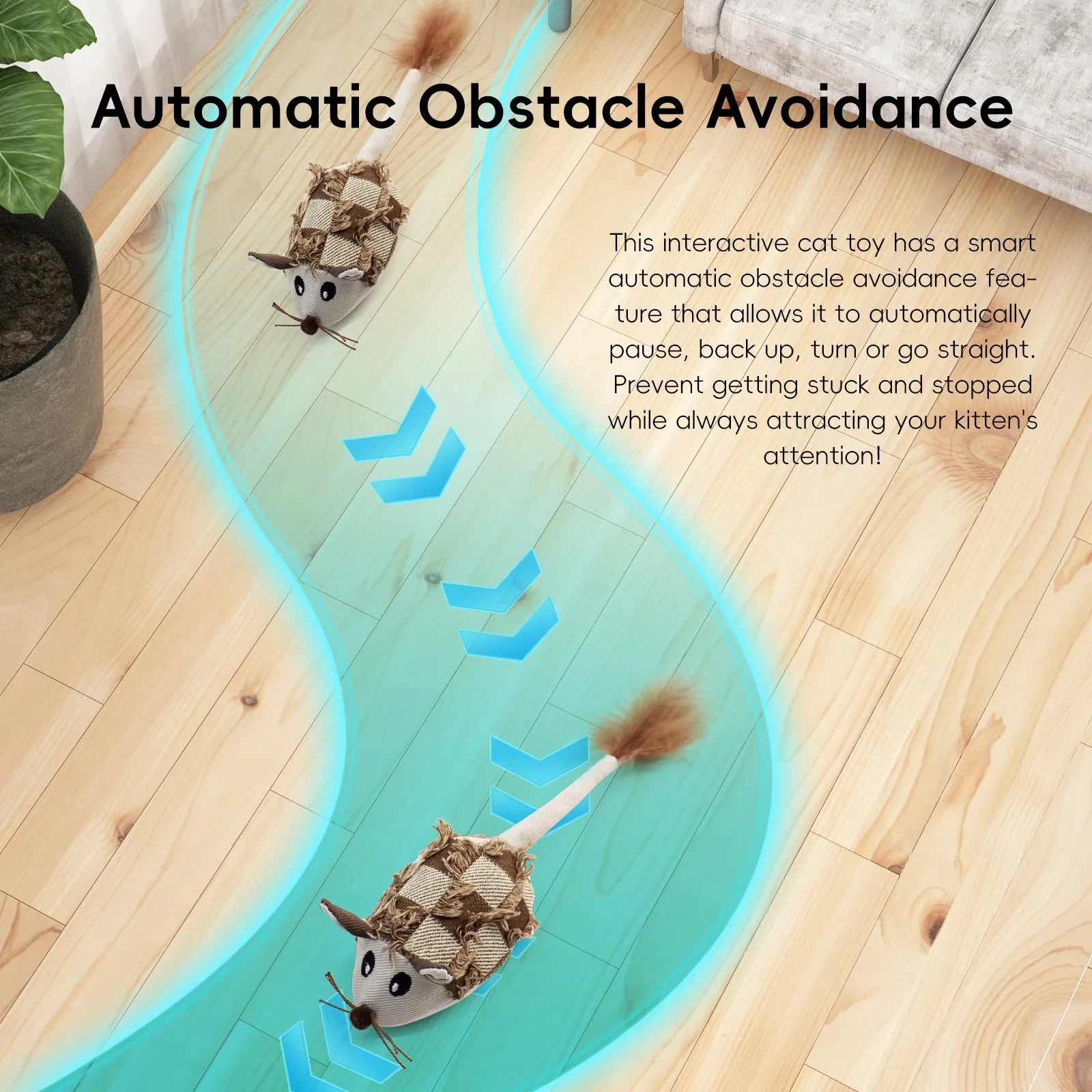 Electronic moving mouse cat toy with feather tail in blue or yellow colour options