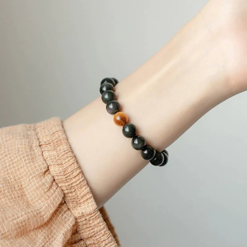 Black obsidian geometric bracelet in Korean style with stone construction