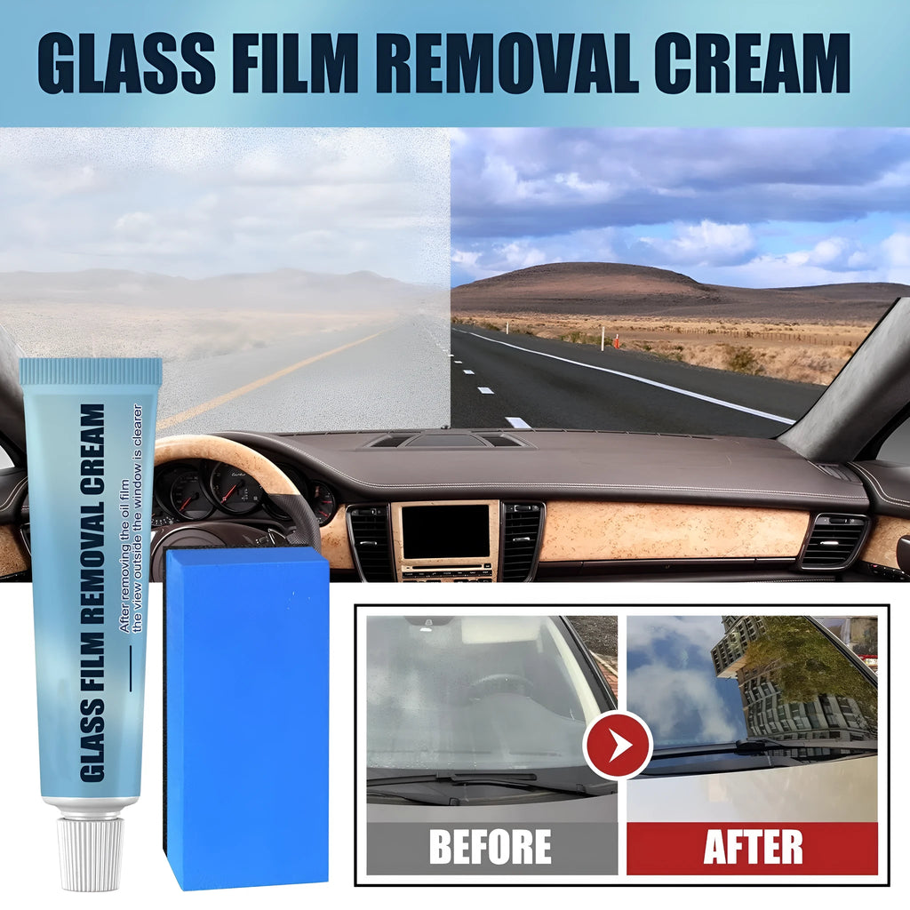 Blue car glass oil film remover tool and soft sponge brush for cleaning windshields and windows.