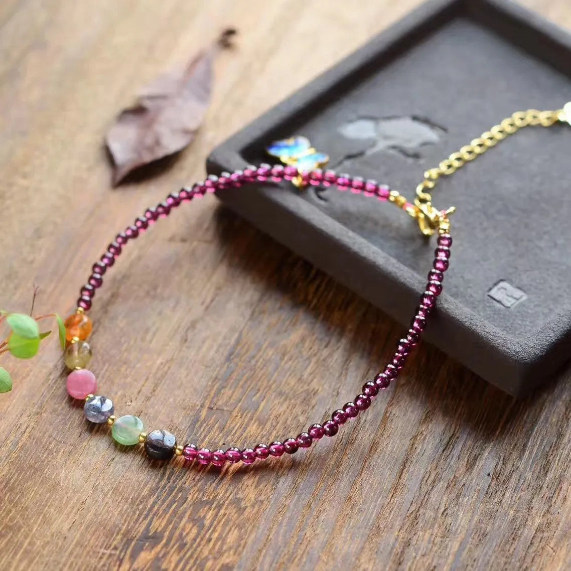 Purple natural garnet women's anklet with geometric design and adjustable chain