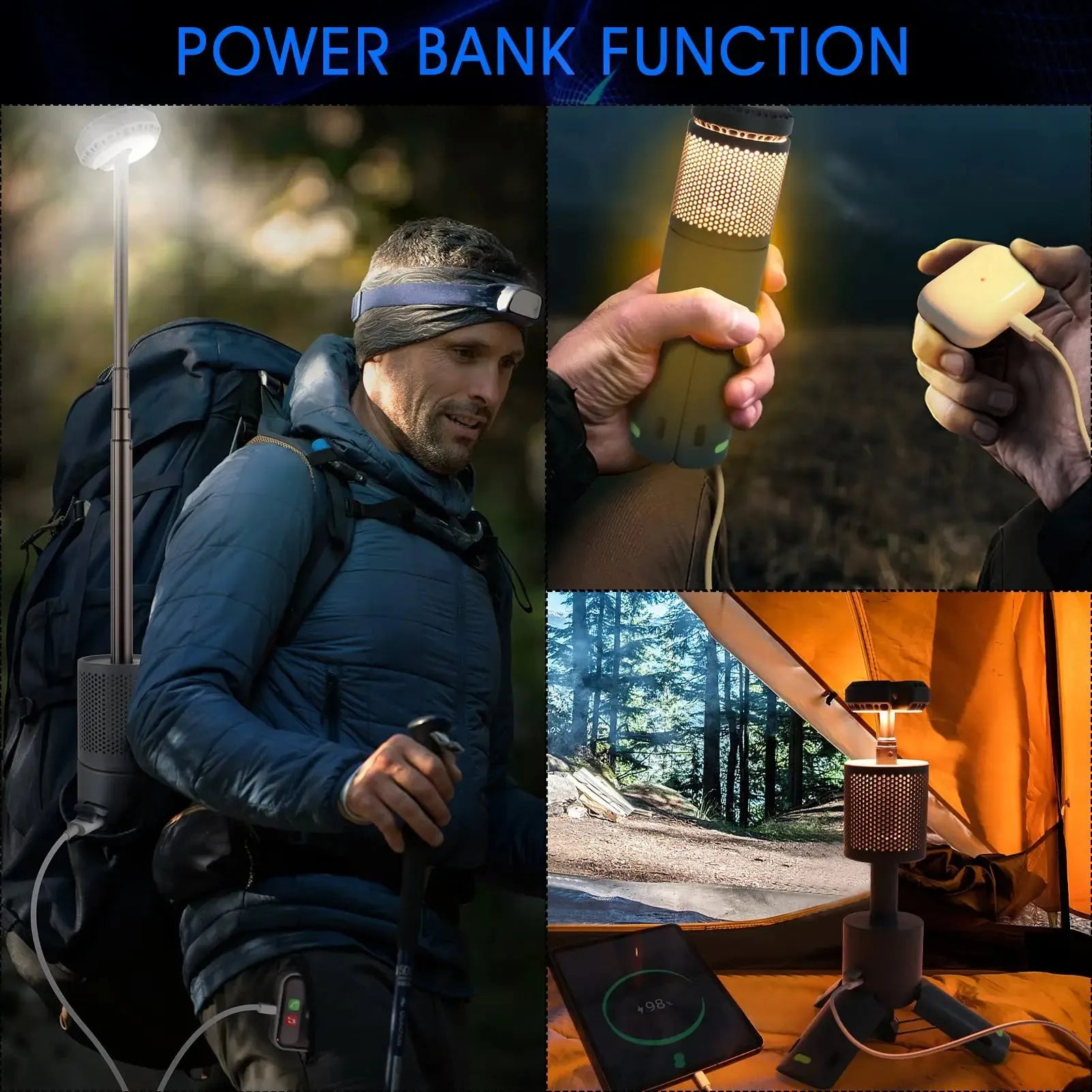 Portable LED camping light in creamy white and dark grey colours with button switch