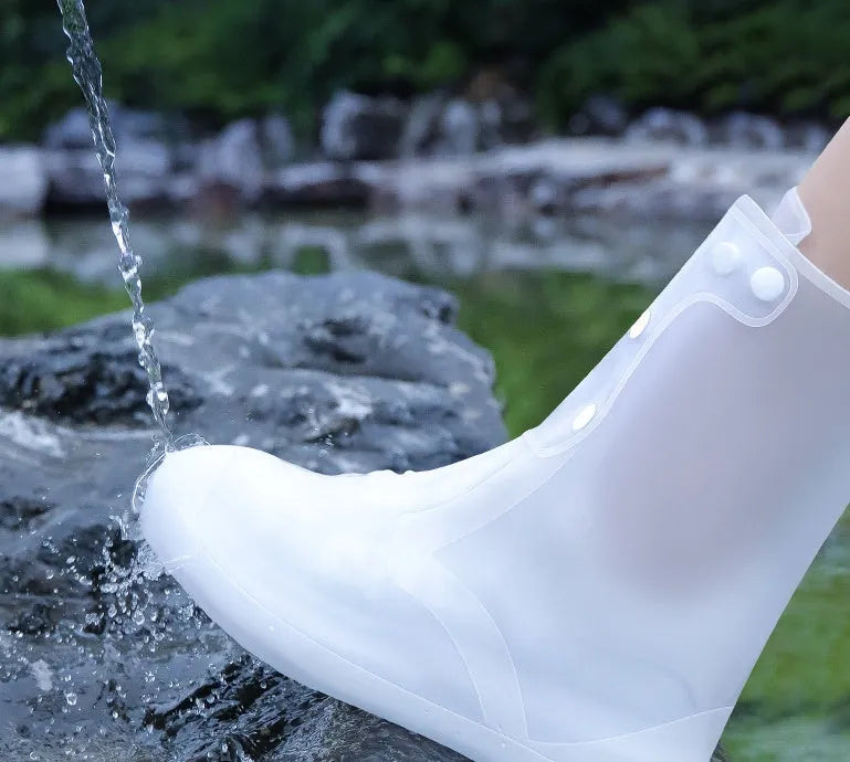 Women's white PVC high top reusable shoe covers for rainy day outdoor protection