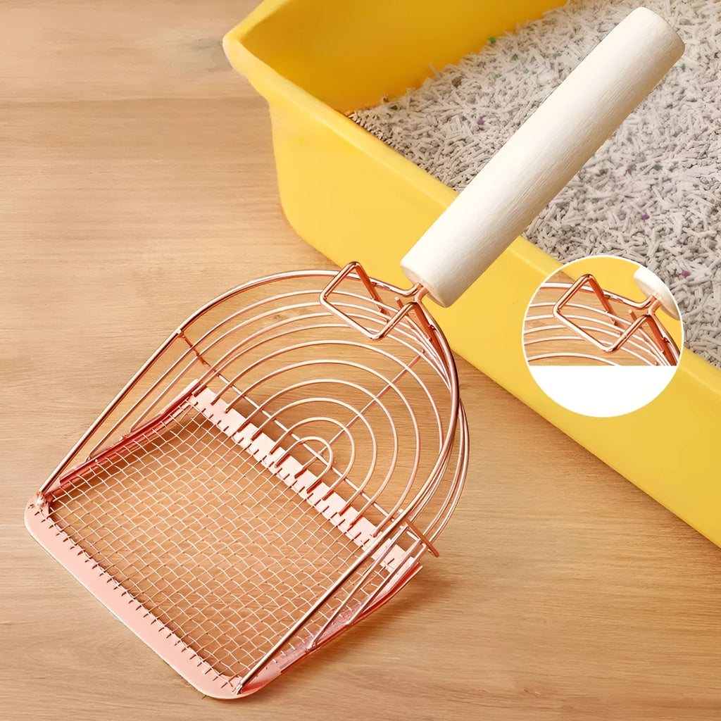 Stainless steel cat litter scoop with wooden handle showing screen design for waste filtration