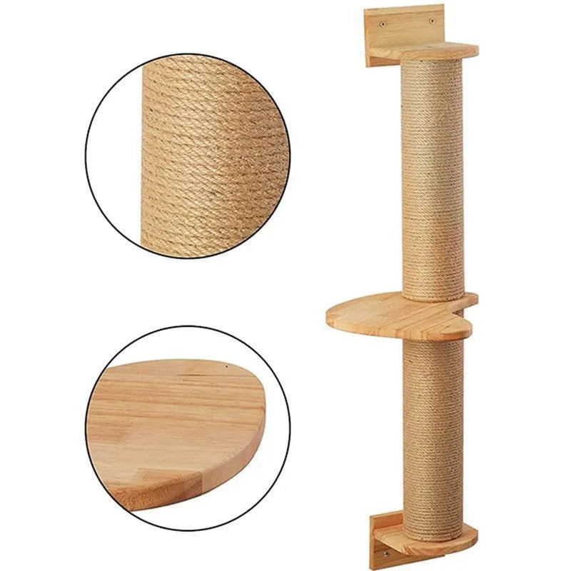 Wooden cat climbing frame with sisal scratching post and wall-mounted jumping platform