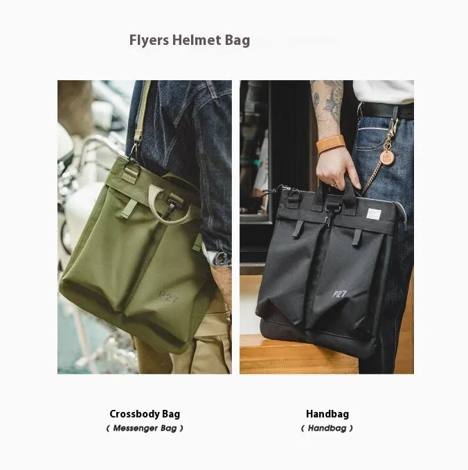 Marden canvas crossbody messenger bag in military green showing laptop compartment and shoulder strap