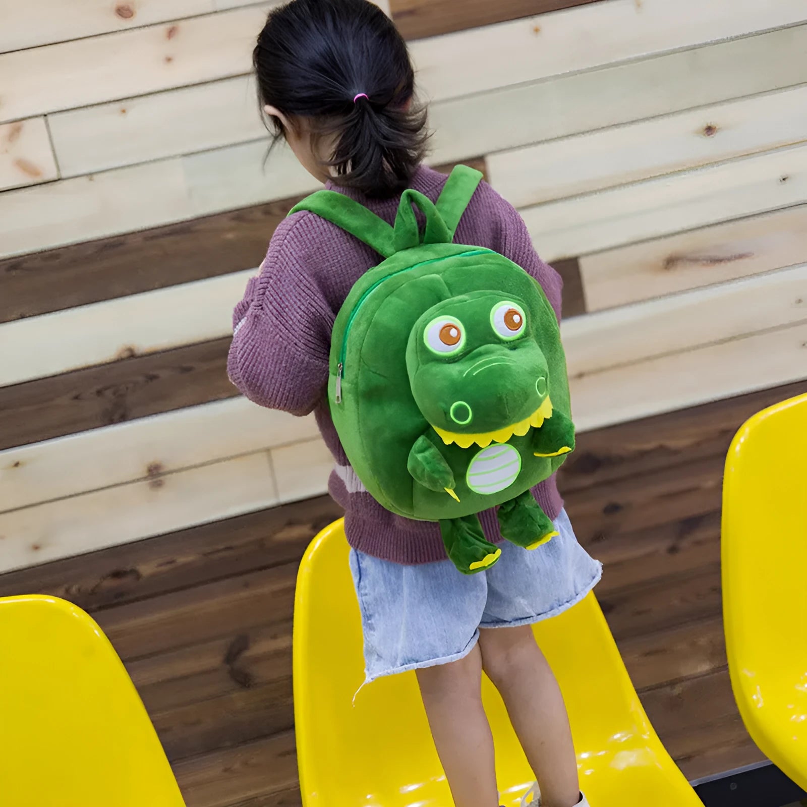 Blue dinosaur plush backpack with embroidery decoration and soft handle