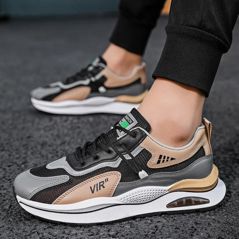 Men's grey mesh running shoes with round toe and EVA sole for summer jogging