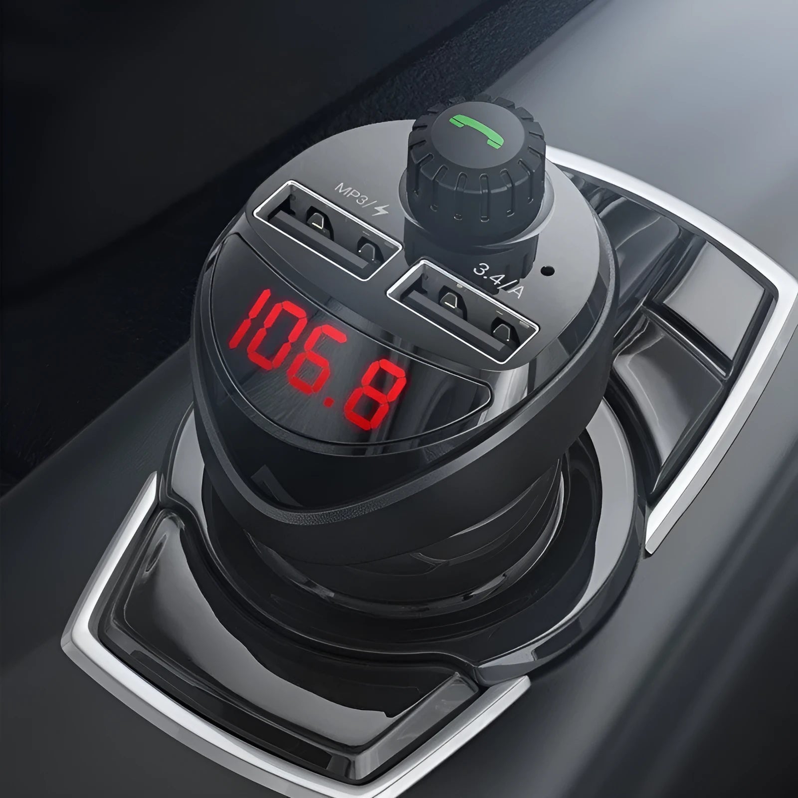 Bluetooth FM AM car audio player with dual USB ports and digital voltage display