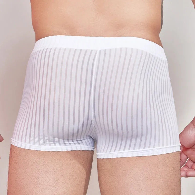 Men's thin striped nylon underwear in black, dark grey and white colours laid flat.