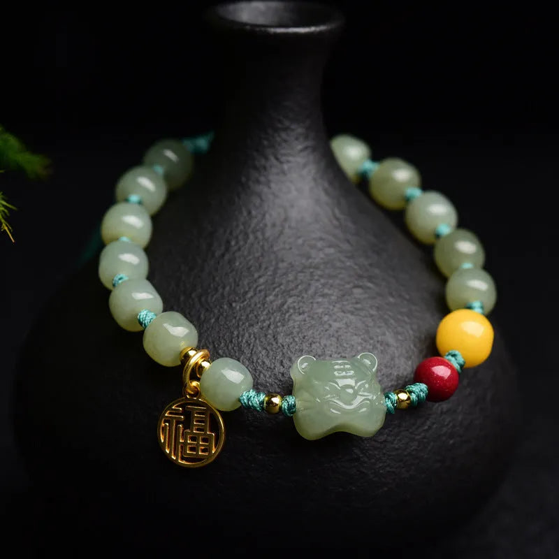 Natural Hetian Jade bracelet with cinnabar and beeswax beads, animal zodiac design