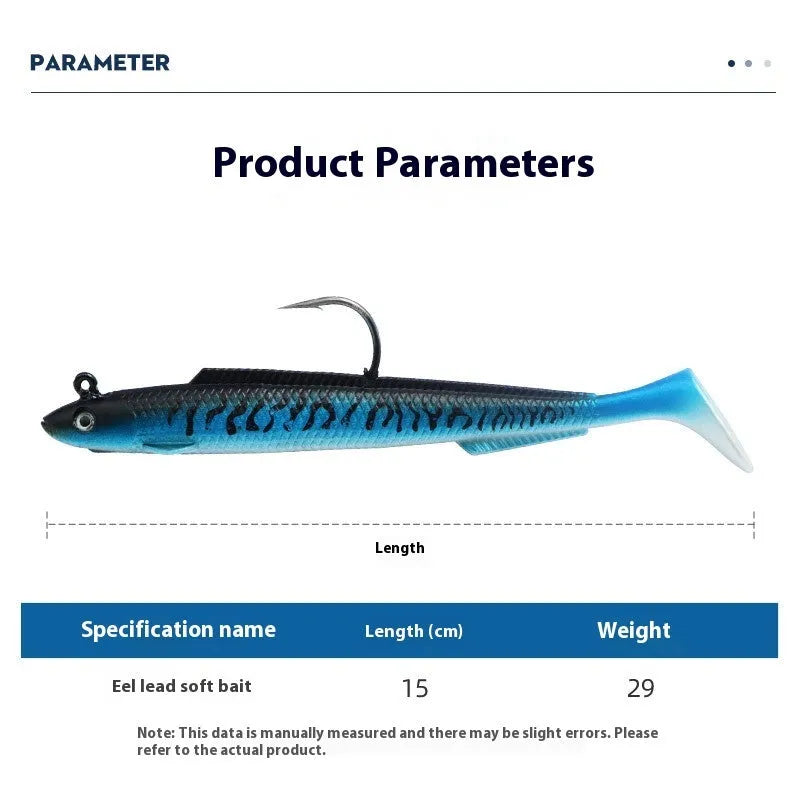 T-tail soft fish jig hook lure in blue colour, 15cm rubber artificial bait
