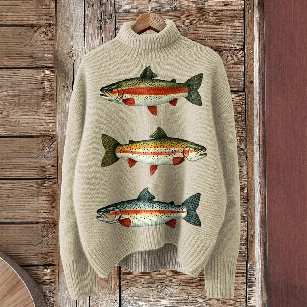 Women's loose fit Christmas printed turtleneck sweater in a macaron colour with a painting pattern design.