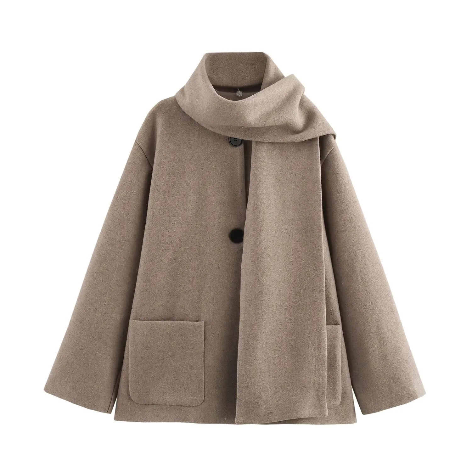 A woman wearing a long grey polyester coat with a detachable artificial fur collar and side pockets.
