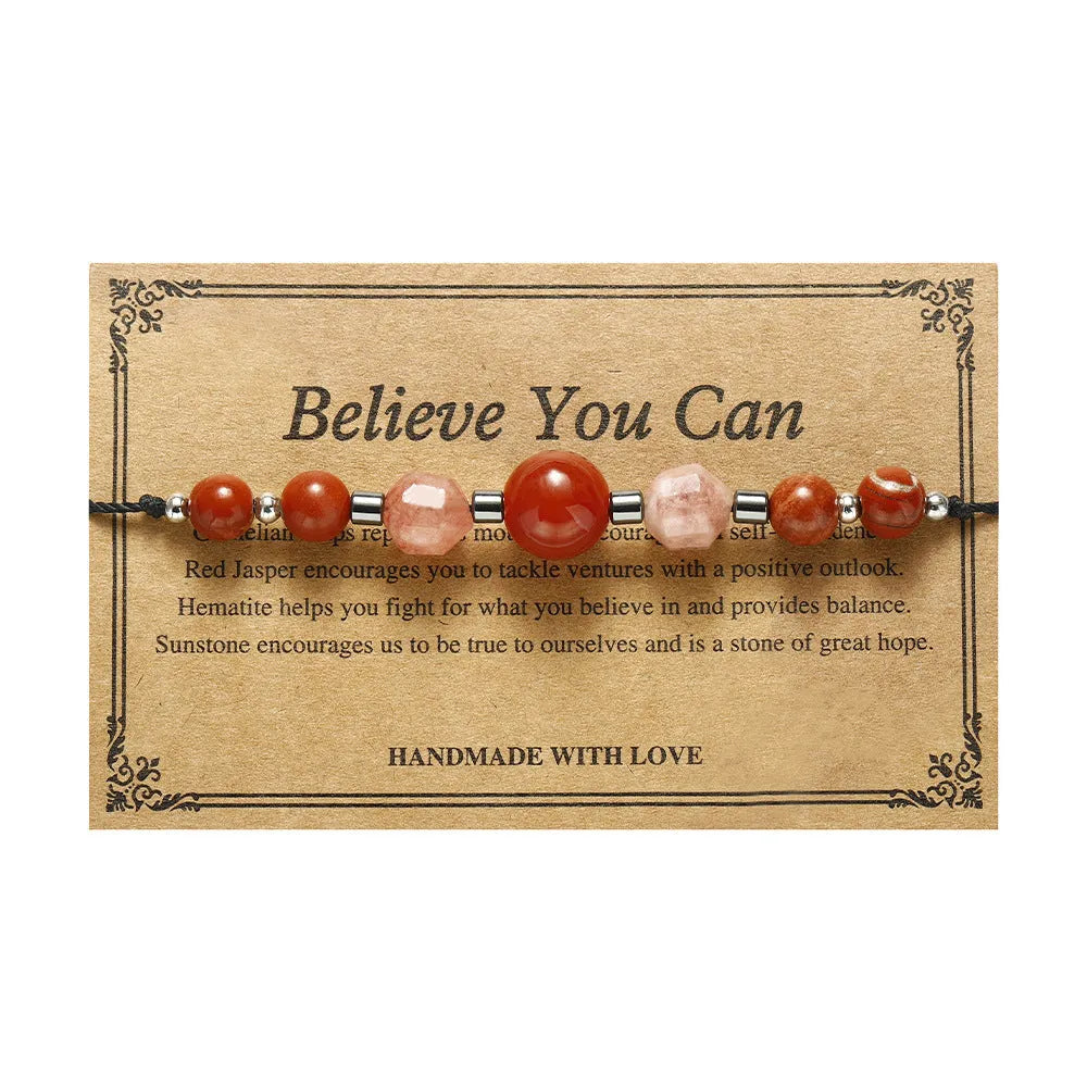 Red geometric bead crystal bracelet with sunstone, redstone and copper elements
