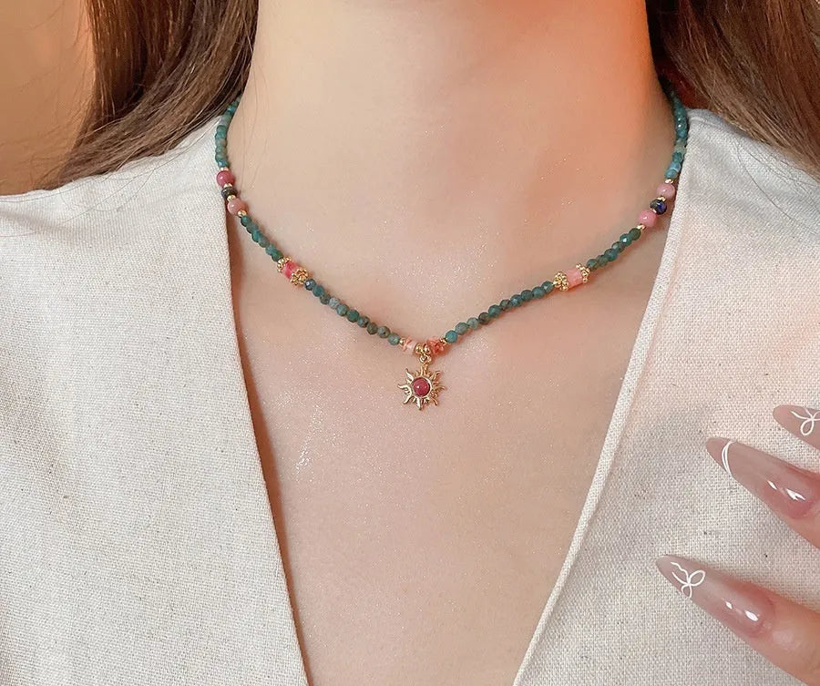 French court style freshwater pearl necklace with sun pendant on adjustable clavicle chain