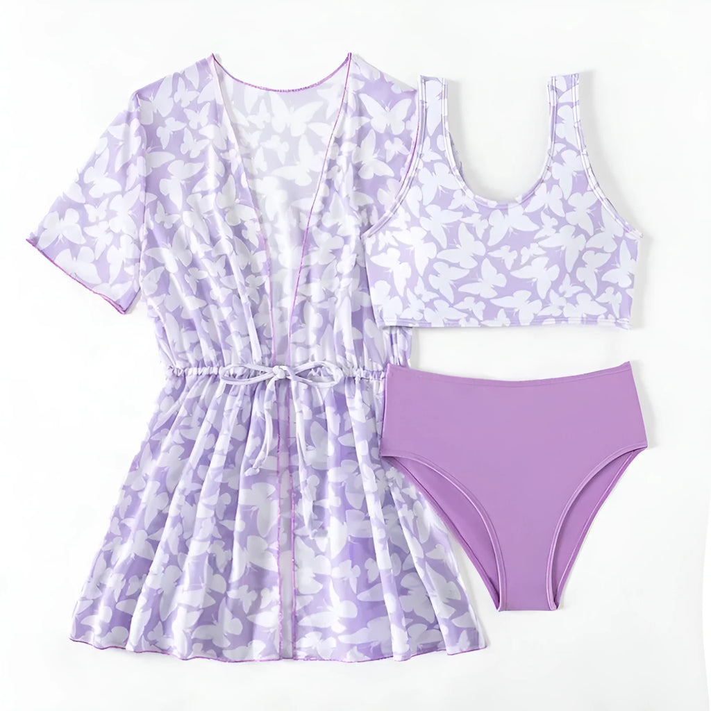Girls' three piece print swimsuit set with coat, vest, and briefs in colour 3218