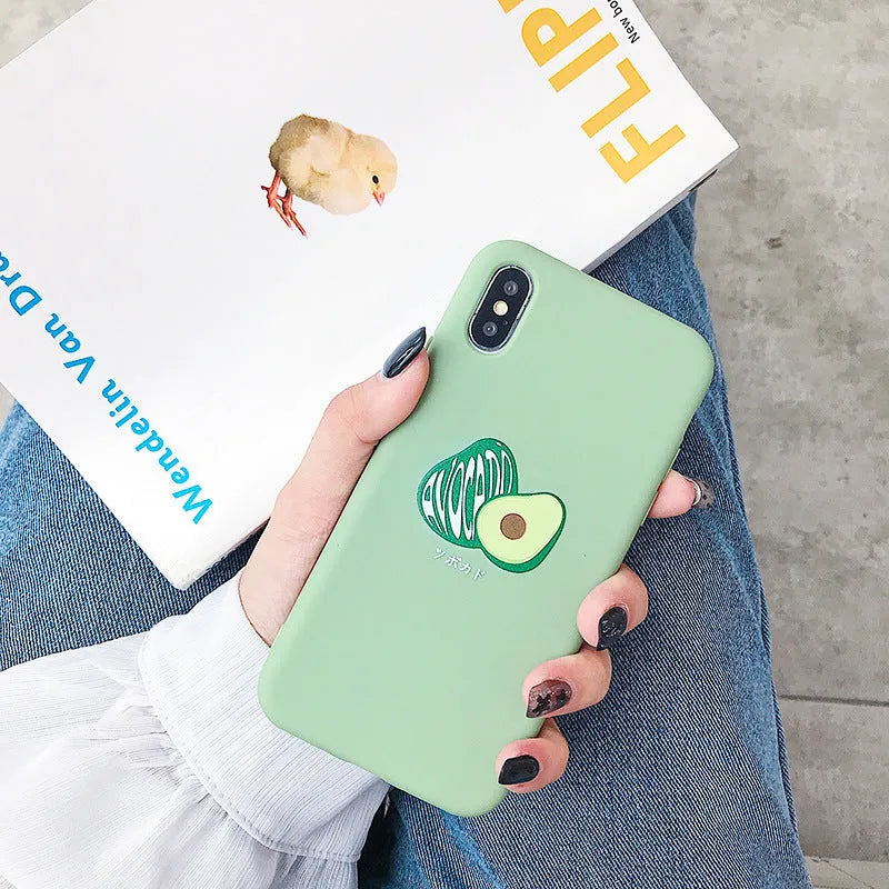 Colourful avocado cartoon design on a flexible TPU phone case for Apple iPhone.