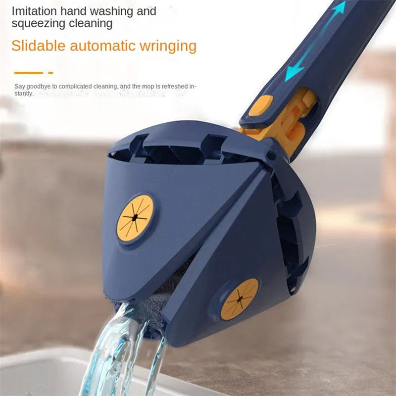 Blue triangle mop with rotating head and extendable stainless steel pole for corner and wall cleaning