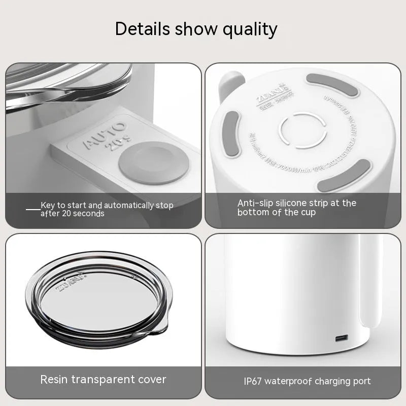 White automatic magnetic stirring coffee cup with 360ml capacity and stainless steel interior.