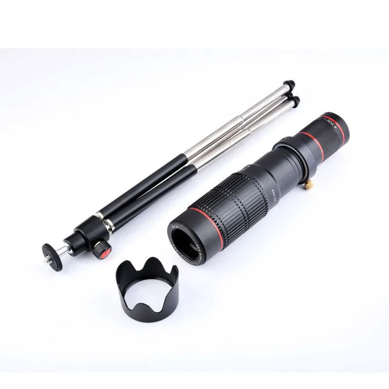 Black 36x telephoto telescope lens for universal smartphone attachment with compact design
