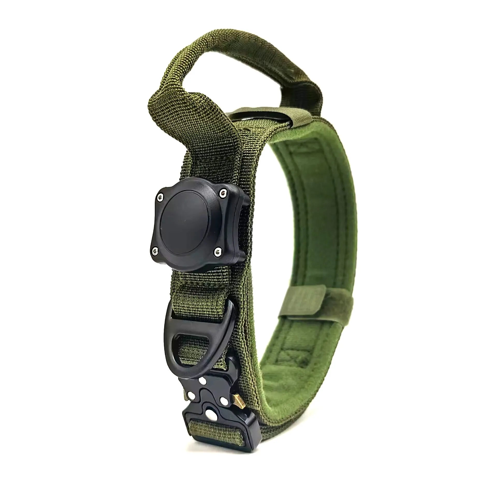 Tactical waterproof dog collar with metal positioning ring in black, army green, or khaki.