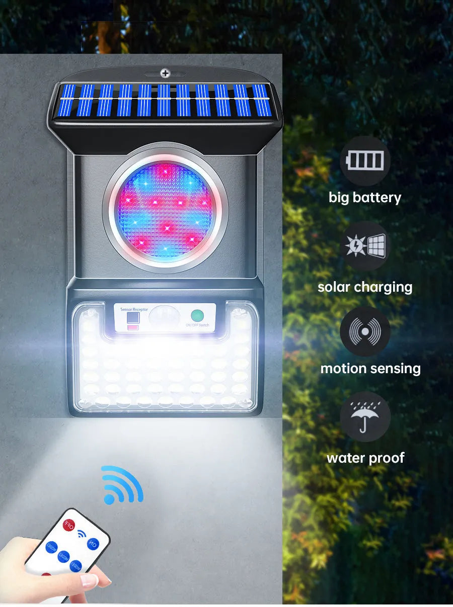59 LED outdoor solar body sensing wall light with remote control on a brick wall